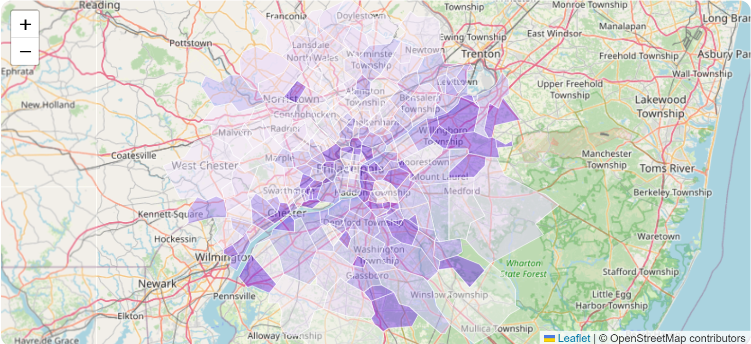 Hero image of Philadelphia’s RTV divide showing stronger ratios southeast of Bensalem–Cheltenham–Marple